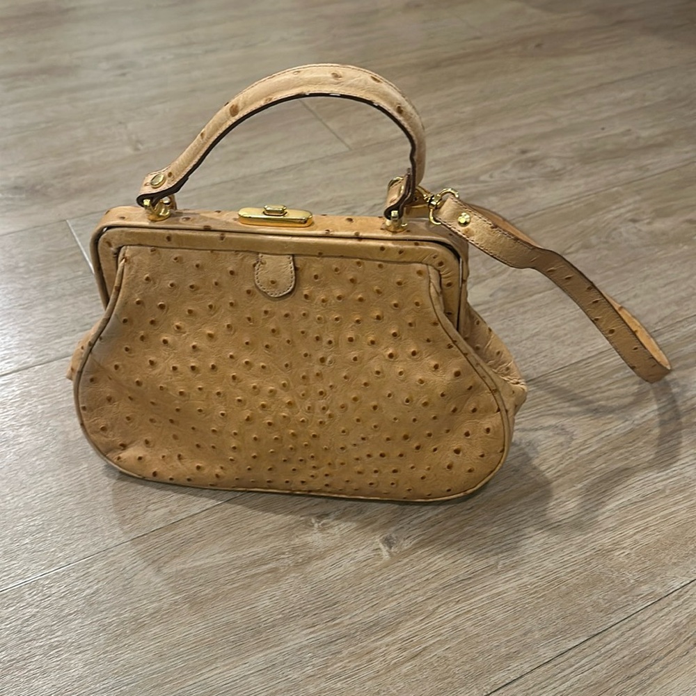 Vintage Saks Fifth Avenue Ostrich Printed Leather Handbag with Strap